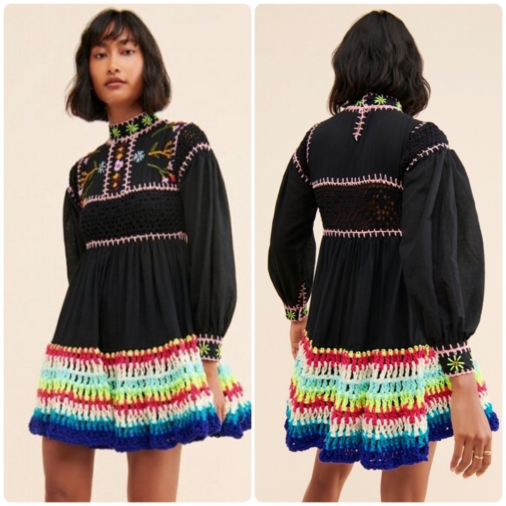 New! Celia B Scarlett Mix Media Embroidered Crochet Dress 🖤 Small